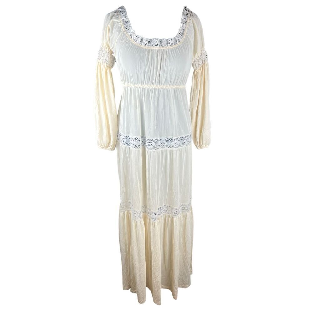 Vintage pale yellow prairie cottagecore bohemian maxi nightgown dress 70’s Large
